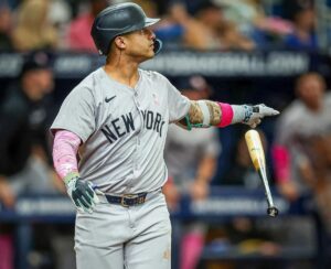 Yankees' Gleyber Torres reacts after hitting a three-run home run against the Rays at Tropicana Field wall on May 12, 2024.