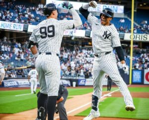 Yankees' Juan Soto celebrates with Aaron Judge after hitting 440-ft homer against the Astros on May 8, 2024, at Yankee Stadium.