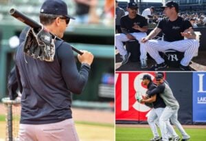 The New York Yankees' manager Aaron Boone, Gerrit Cole, Nestor Cortes, Juan Soto, and Jasson Dominguez.