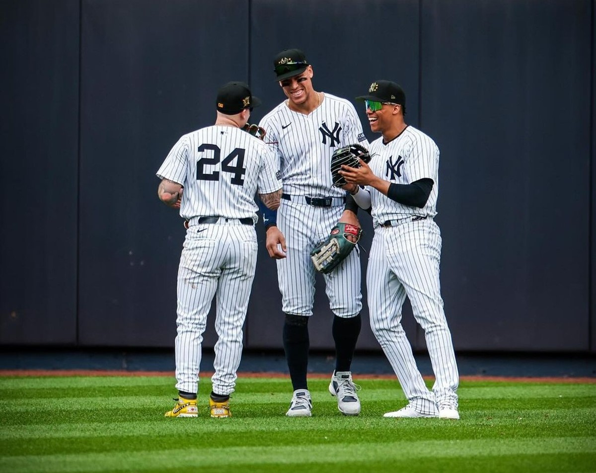 Aaron Judge, Juan Soto, and Alex Verdugo celebrate after the Yankees beat the White Sox 7-2 at Yankee Stadium on May 19, 2024.
