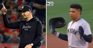 Yankees manager Aaron Boone reacts after his ejection and Juan Soto after called out for interference during the 2-1 win over the Angels on May 29, 2024 at Anaheim.