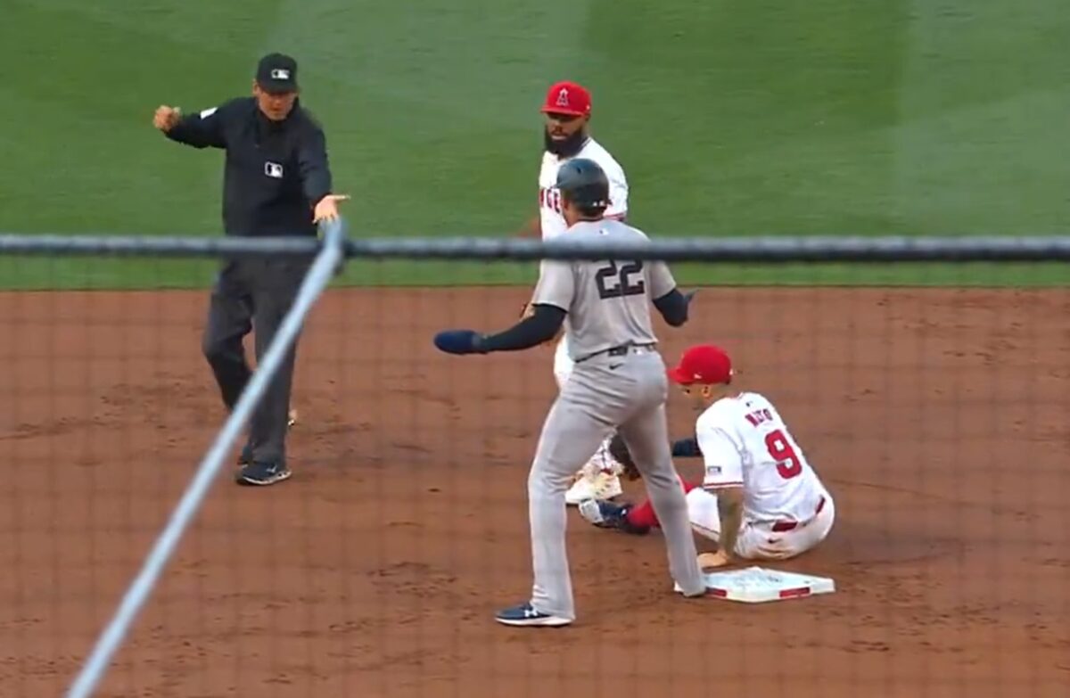 Yankees' Juan Soto and umpire are arguing over the controversial interference call vs. the Angels on May 29, 2024 at Anaheim.