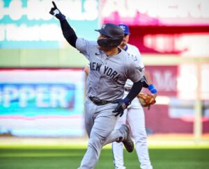 New York Yankees’ Jose Trevino hits a three-run home run during the first inning of a baseball game against the Kansas City Royals Wednesday, June 12, 2024, in Kansas City, Mo.