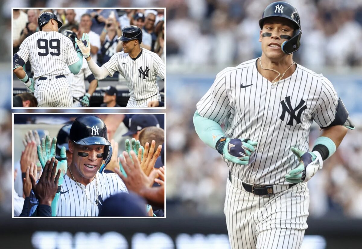 New York Yankees’ Aaron Judge celebrates after hitting a two-run home run, his 28th in 2024, against the Braves, on June 22, 2024, in New York.