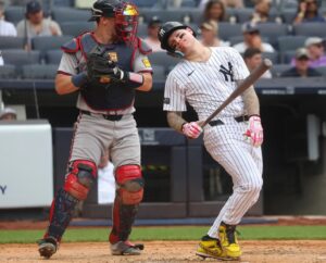 Yankees' Alex Verdugo reacts after missing a ball against Atlanta Braves, on June 23, 2024, at Yankee Stadium.