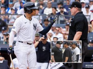 Yankees’ Juan Soto argues with umpire Chris Conroy after the latter denied a timeout and called out on strikes vs. the Braves on June 23, 2024, in New York.