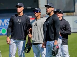 Yankees’ Aaron Judge, Juan Soto, Giancarlo Stanton, and Alex Verdugo at Steinbrenner Field during the 2-24 spring training.