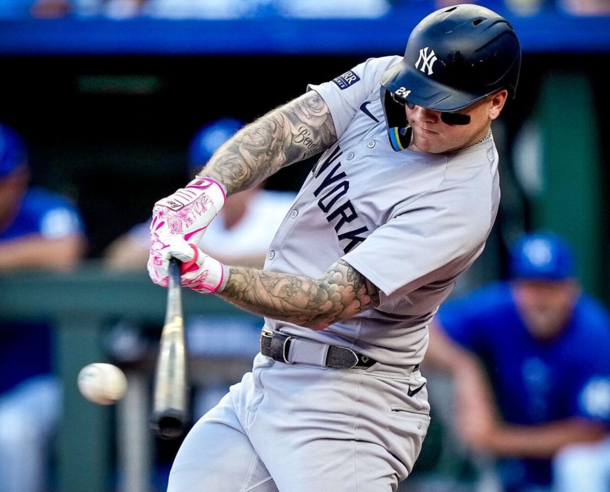 New York Yankees’ Alex Verdugo hits a home run during the fifth inning of a baseball game against the Kansas City Royals Wednesday, June 12, 2024, in Kansas City, Mo.