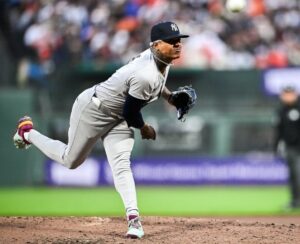 Yankees' Marcus Stroman is pitching against the Giants at Oracle Park, San Francisco, May 31, 2024.