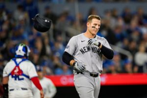 Yankees' first baseman Anthony Rizzo reacts after his strike out.