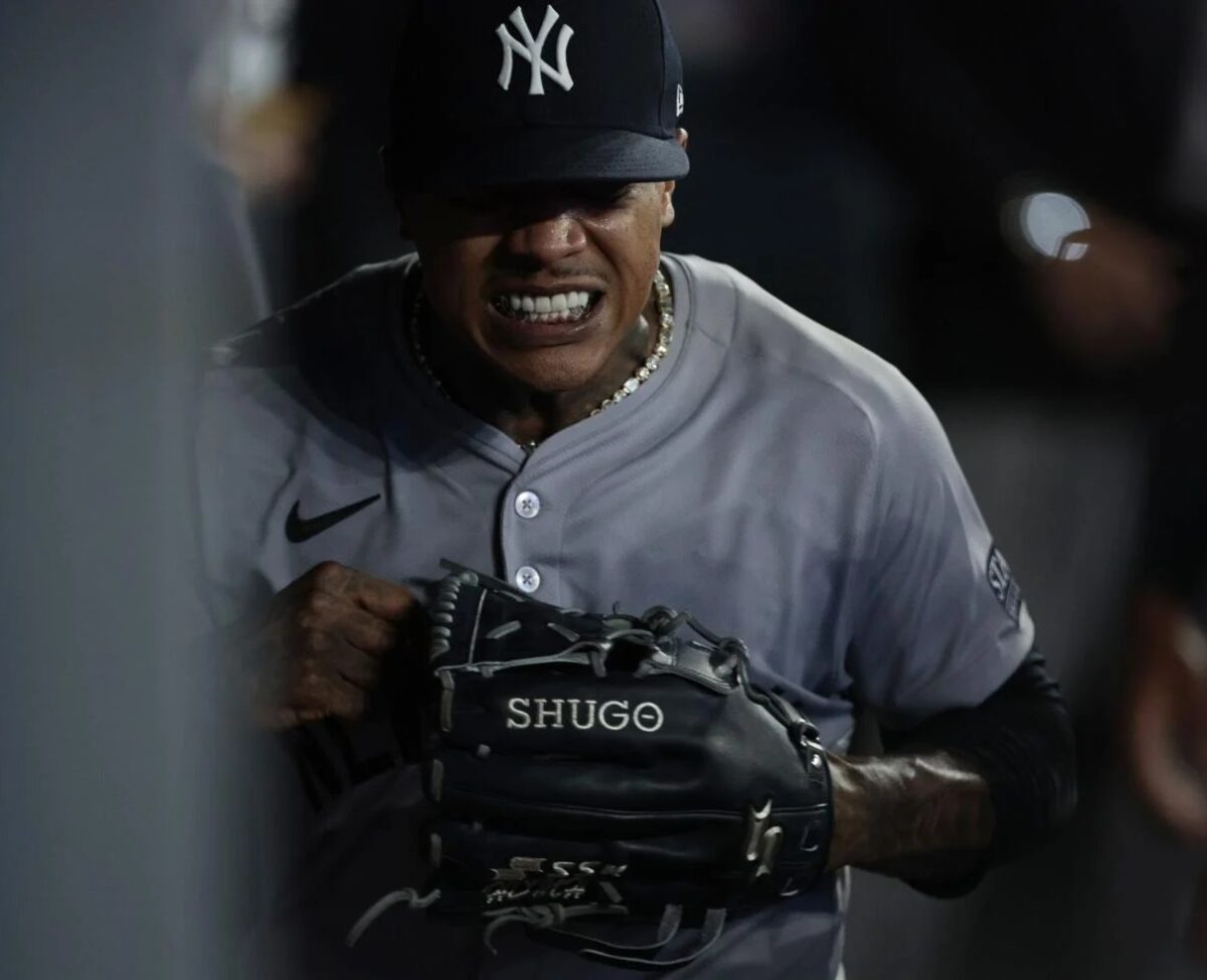 Yankees starter Marcus Stroman screams in the dugout after leaving the mound following the fifth inning at Roger Center on June 28, 2024.