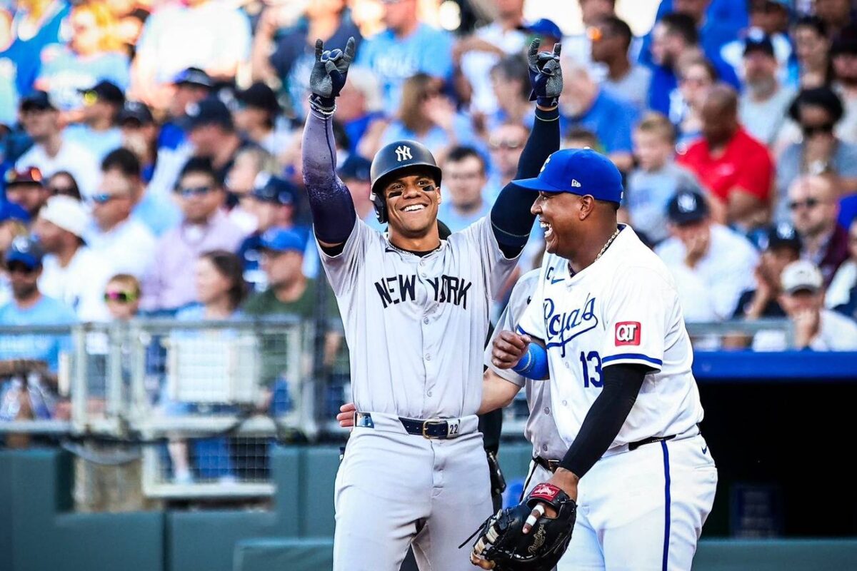 Yankees' Juan Soto celebrates his first hit against the Royals at Kansas City on June 10, 2024.