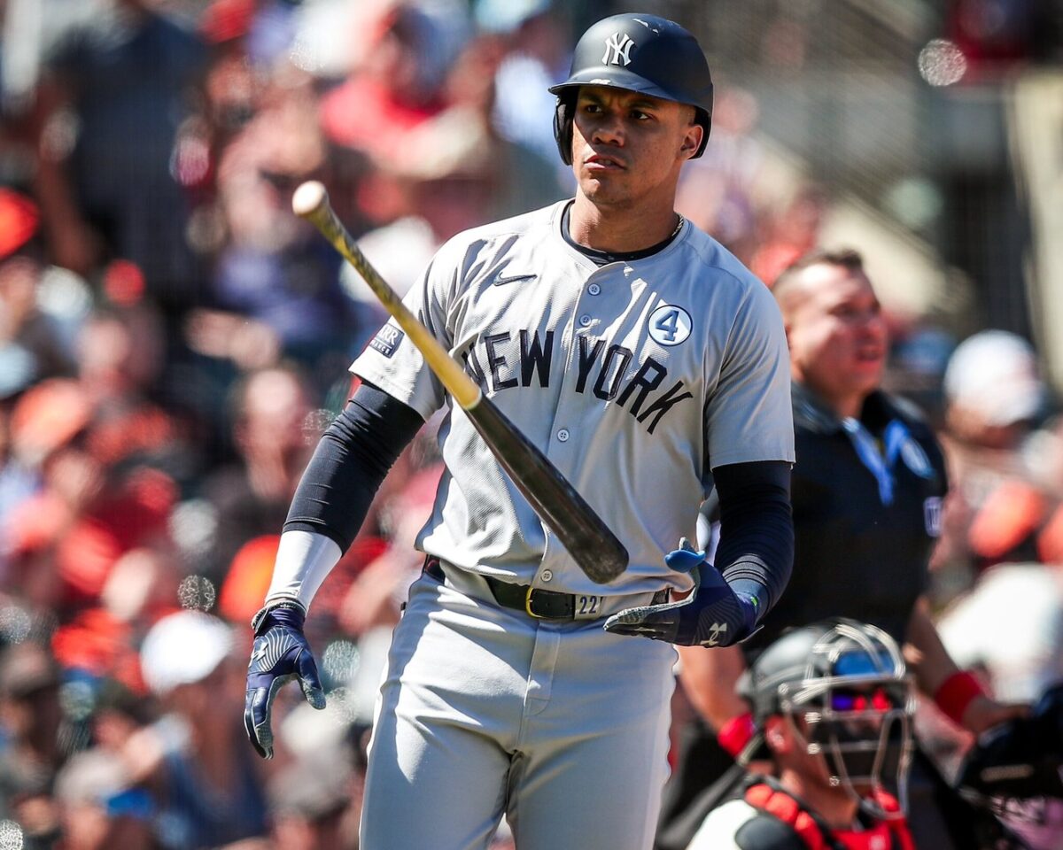 Yankees' Juan Soto flips his bat in style after hitting a home run against the Giants at Oracle Park on June 2, 2024.