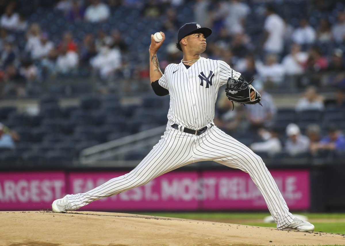 Yankees' Luis Gil is pitching against the Twins at Yankee Stadium on June 4, 2024.