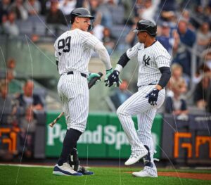 Yankees' Aaron Judge celebrates with Juan Soto after his home run against the White Sox at Yankee Stadium on May 19, 2024.