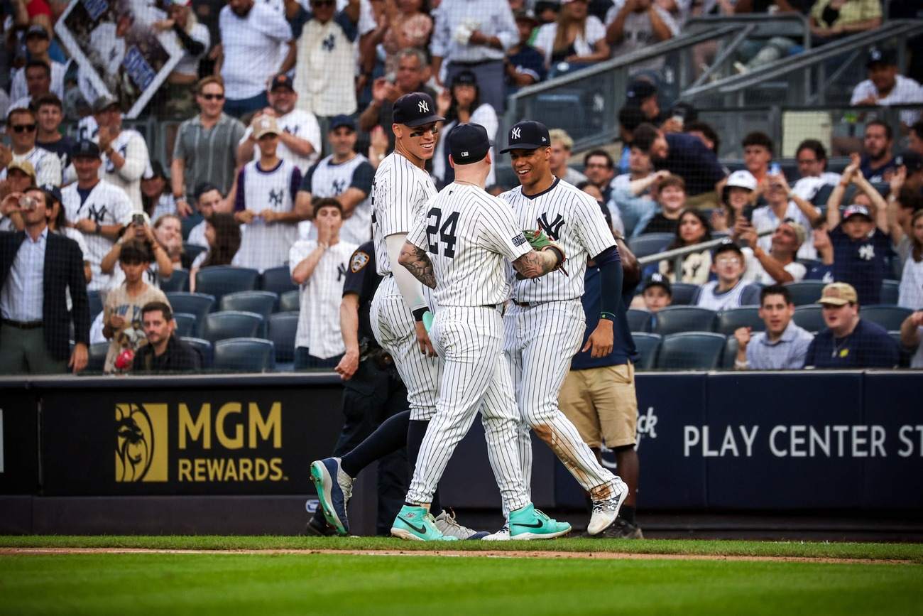 Yankees' Aaron Judge, Juan Soto and Alex-Verdugo celebrate after win over the Twins on June 6, 2024.