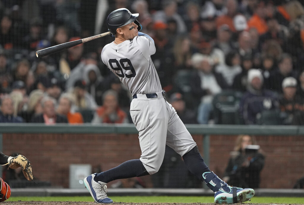 SAN FRANCISCO, CALIFORNIA - MAY 31: Aaron Judge #99 of the New York Yankees hits a solo home run against the San Francisco Giants in the top of the six inning at Oracle Park on May 31, 2024 in San Francisco, California.