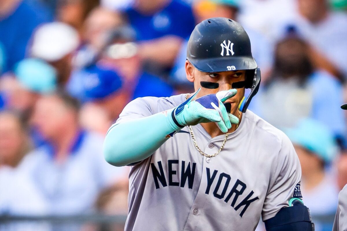 Yankees' Aaron Judge reacts after hitting a two-run home run vs. the Royals at Kauffman Stadium on June 11, 2024.