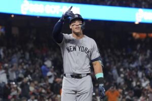 New York Yankees’ Aaron Judge gestures after hitting a home run against the San Francisco Giants during the sixth inning of a baseball game in San Francisco, Friday, May 31, 2024.