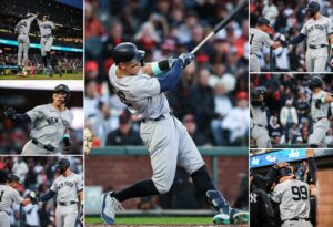 New York Yankees’ Aaron Judge reacts after hitting a home run against the San Francisco Giants during the sixth inning of a baseball game in San Francisco, Friday, May 31, 2024.