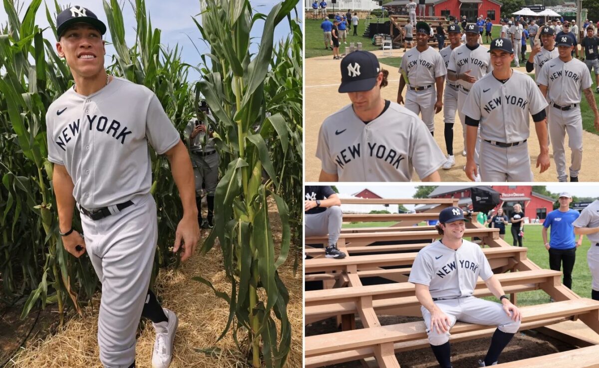The Yankees led by Aaron Judge appear just before taking on the White Sox at the Field of Dreams on Thursday in Dyersville, Iowa, August 2021.