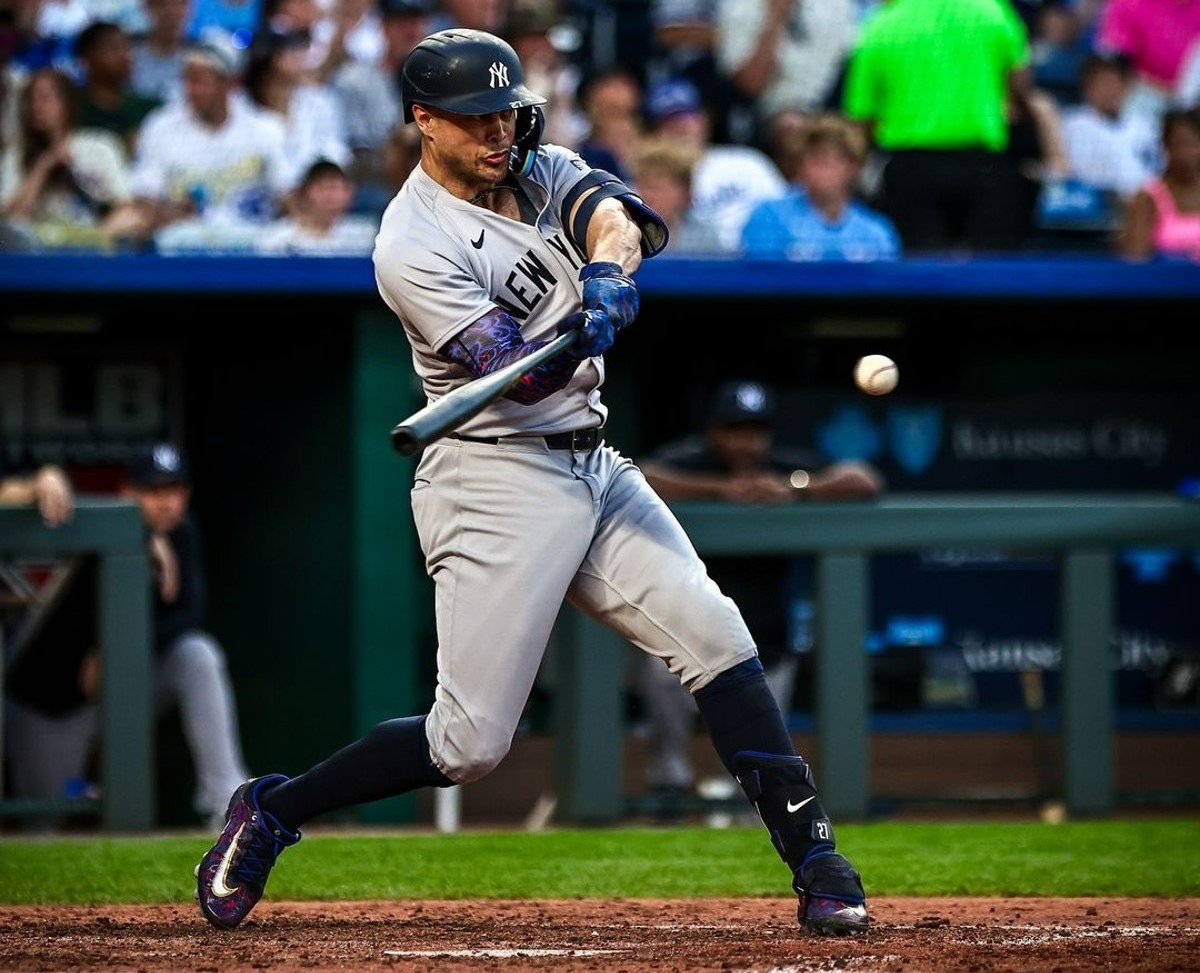 New York Yankees’ Giancarlo Stanton hits a home run against the Royals on June 12, 2024, in Kansas City.