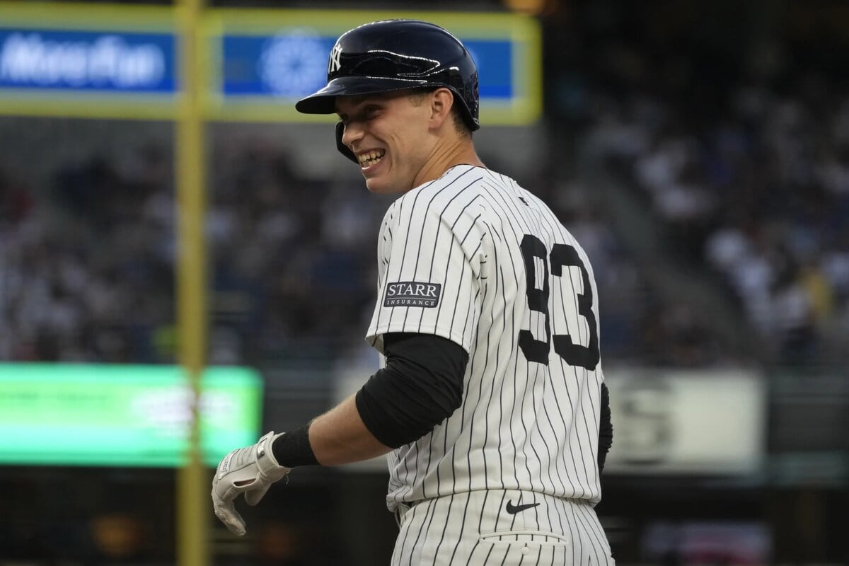 New York Yankees’ Ben Rice smiles on first base after hitting a single against the Baltimore Orioles during the third inning of a baseball game Tuesday, June 18, 2024, in New York.