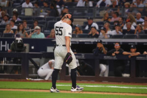 Yankees pitcher Carlos Rodón (55) is pulled in the fourth inning when the New York Yankees played the Atlanta Braves Friday, June 21, 2024 at Yankee Stadium in the Bronx, NY.