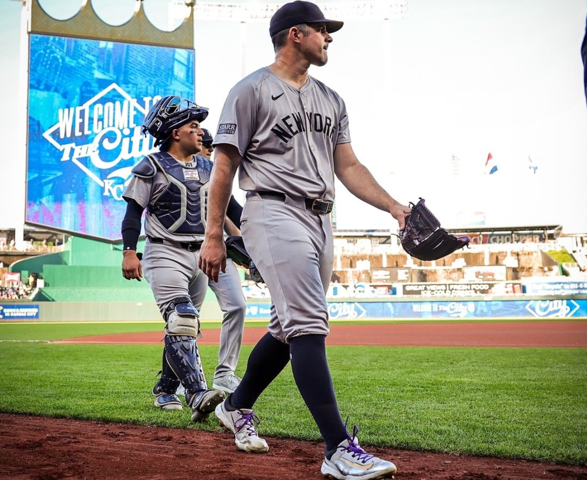 New York Yankees starting pitcher Carlos Rodon walks off the mound after the second inning during the game against the Kansas City Royals Monday, June 10, 2024, in Kansas City, Mo.