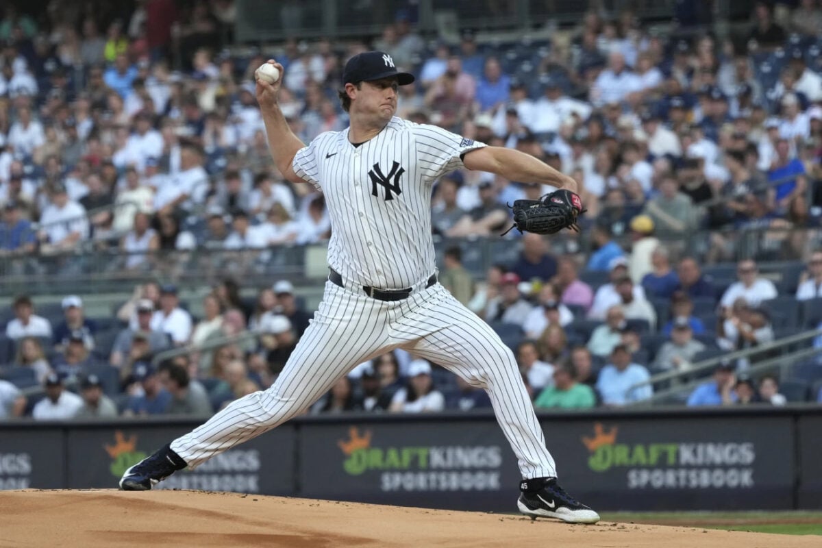 New York Yankees’ Gerrit Cole pitches during the first inning of a baseball game against the Baltimore Orioles, Wednesday, June 19, 2024, in New York.