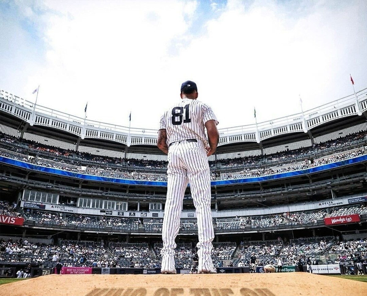 Yankees' pitcher Luis Gil on the mound at Yankee Stadium 