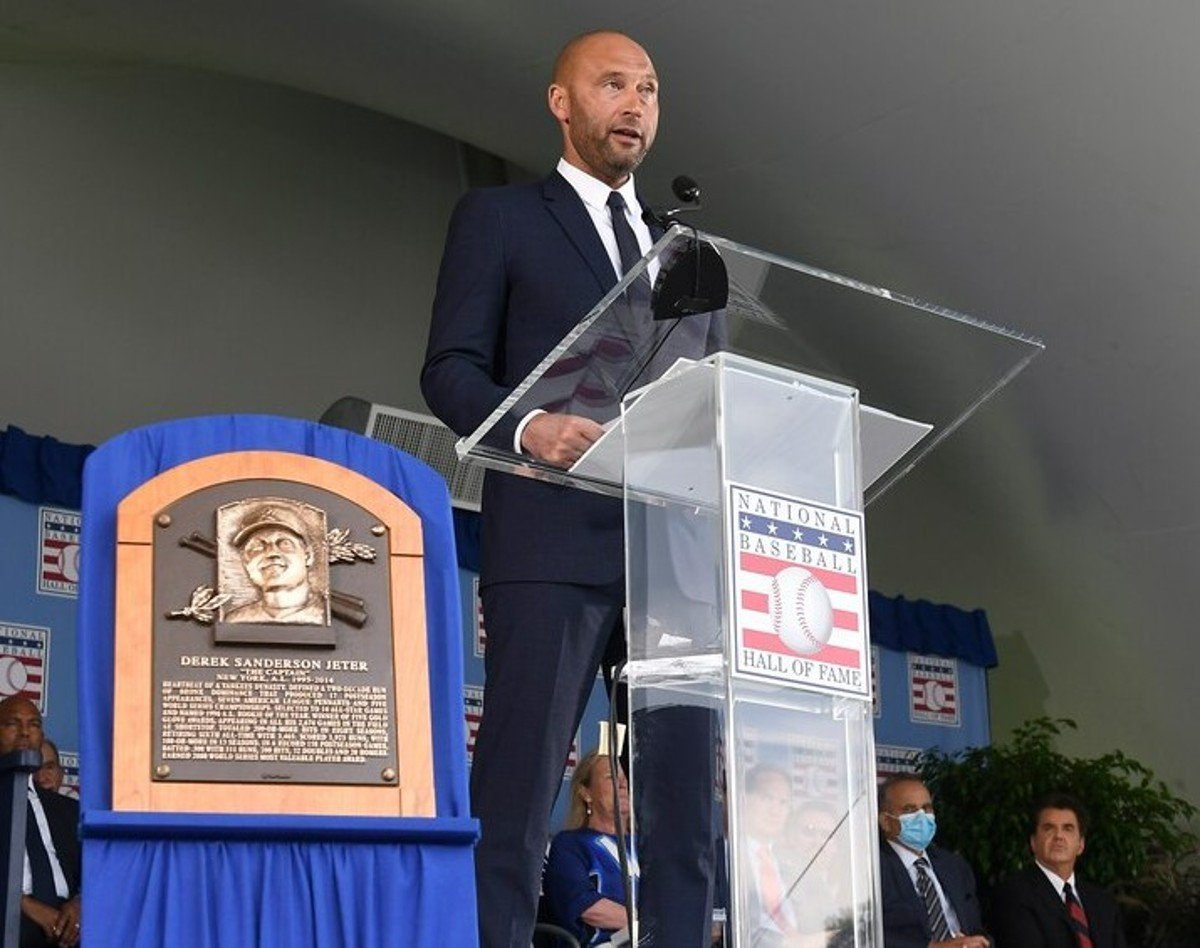 Derek Jeter is giving his Baseball Hall of Fame speech in September 8, 2021, in Cooperstown, N.Y.