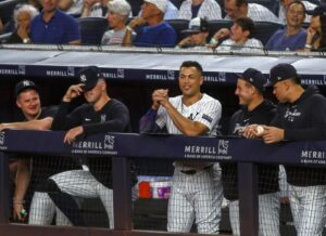 Giancarlo Stanton with Yankees teammates at Yankee Stadium on June