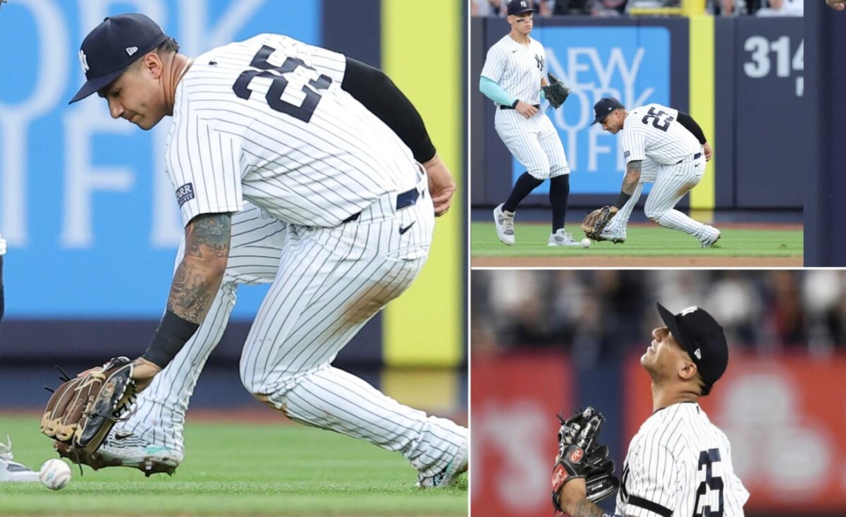 Yankees' Gleyber Torres drops a routine over-the-shoulder catch on a pop-up hit by Dodgers' Kike Hernandez in the third inning at Yankee Stadium on June 6, 2024.