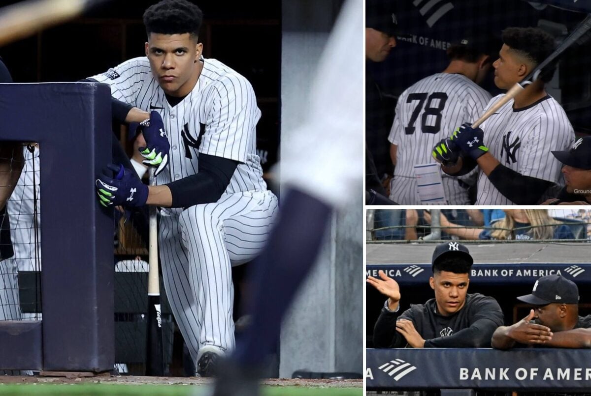 Yankees outfielder Juan Soto is on the bench on the game against the Dodgers at Yankee Stadium, June 7, 2024.