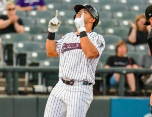 Yankees top prospect Jasson Dominguez celebrates after hitting a homer in a rehab game for the Patriots on May 28, 2024.