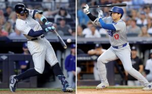 Aaron Judge and Shohei Ohtani are in action during the Yankees vs. Dodgers game in New York on June 9, 2024.