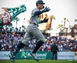 Yankees' star Aaron Judge rounds bases after hitting a mammoth 460-feet home run at Oracle Park against the Giants on June 1, 2024.