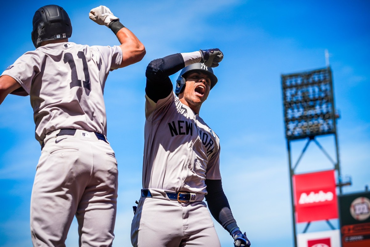 New York Yankees' slugger Juan Soto celebrating his home run against the San Francisco Giants, on June 2, 2024