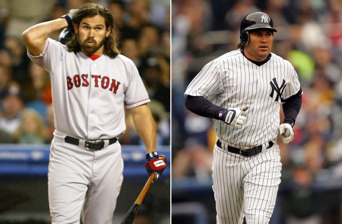 Ex-Yankees player Johnny Damon sporting facial hair in Red Sox uniform and clean shaven in the Bronx.