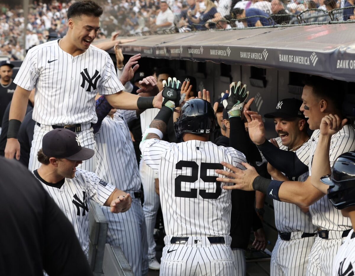 Yankees' dugout celebrates after an RBI against the Twins on June 6, 2024.