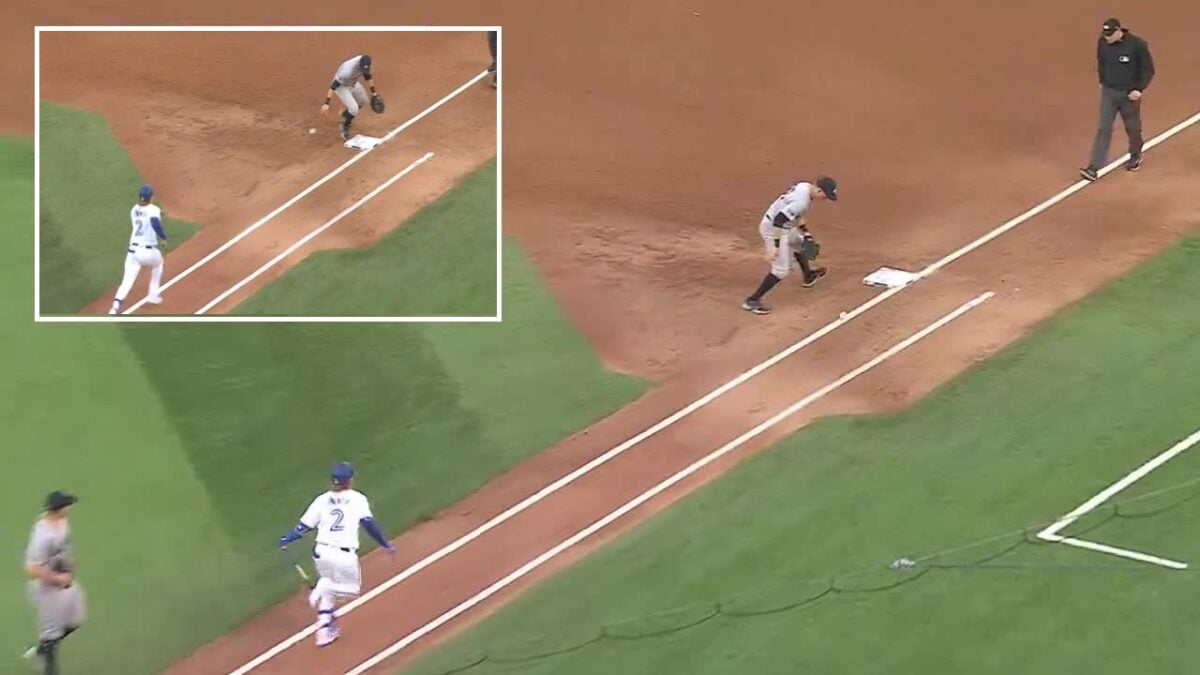 Yankees' Ben Rice committs a defensive error at first base in Toronto on June 27, 2024.