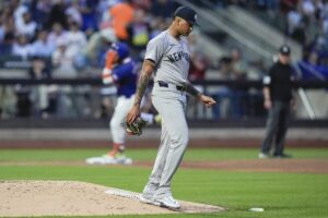 New York Yankees pitcher Luis Gil walks off the mound as New York Mets’ Francisco Alvarez runs the bases on a two-run home run during the third inning of a baseball game Wednesday, June 26, 2024, in New York.