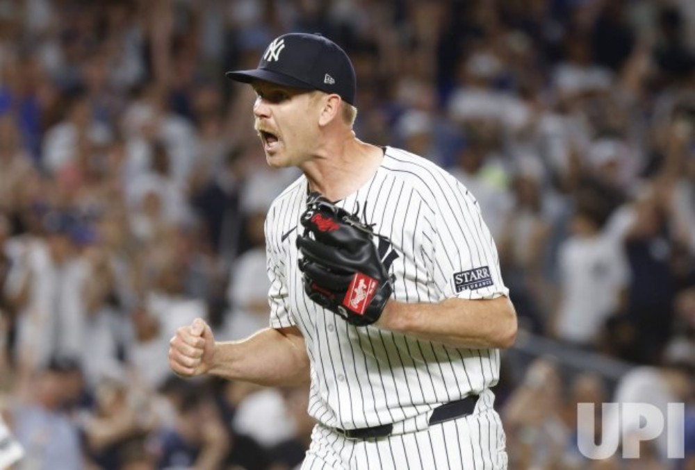 New York Yankees pitcher Michael Tonkin celebrates after the final out of the seventh inning against the Los Angeles Dodgers at Yankee Stadium on Friday, June 7, 2024 in New York City. The Dodgers defeated the Yankees 2-1 in 11 innings.