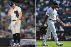 Yankees' Carlos Rodon on June 21 and Luis Gil on June 20 react after giving away runs against the Braves and Orioles respectively at Yankee Stadium.