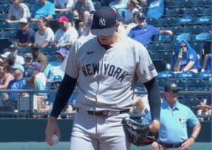 Yankees' closer Clay Holmes reacts after blowing a save against the Royals on June 13, 2024, at Kansas City.