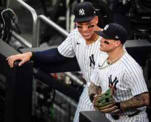 Aaron Judge and Alex Verdugo at the Yankees dugout in New York on June 3.