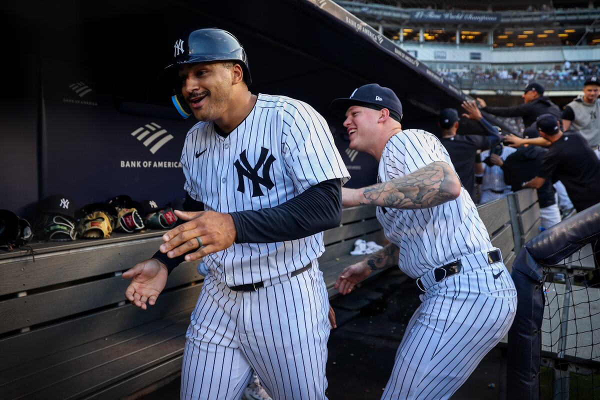 Yankees Trent Grisham and Alex Verdugo in dugout after the former's home run against the Twins at Yankee Stadium on June 7, 2024.