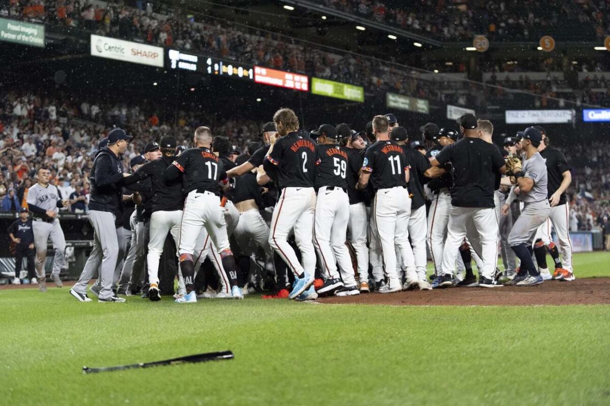 Players clear the benches after Yankees Clay Holmes hit Orioles’ Heston Kjerstad and Baltimore manager Hyde reacted to it in the ninth inning at Camden Yard, Friday, July 12, 2024.