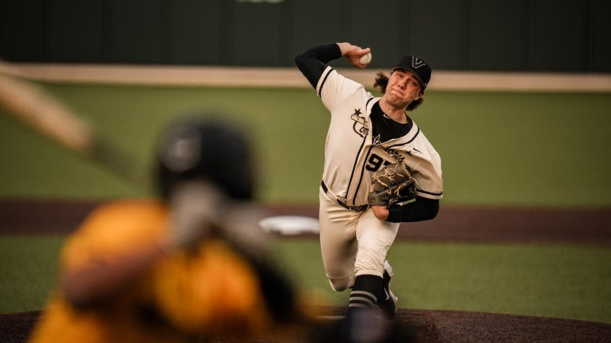 Vanderbilt junior pitcher Bryce Cunningham in the process of making a pitch during a 4-0 win on Friday, March 29, 2024, versus Missouri.